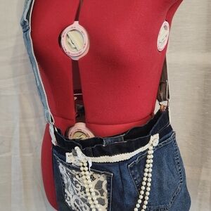 Denim Bag with Lace and Pearl Accents